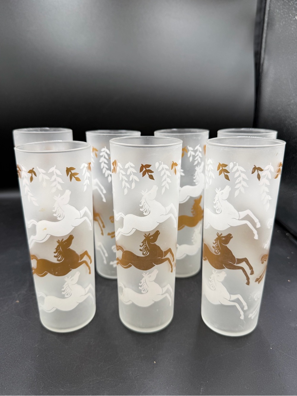 7 VTG 50s Libbey Cavalcade Galloping Horses Tom Collins Cocktail Glasses Frosted